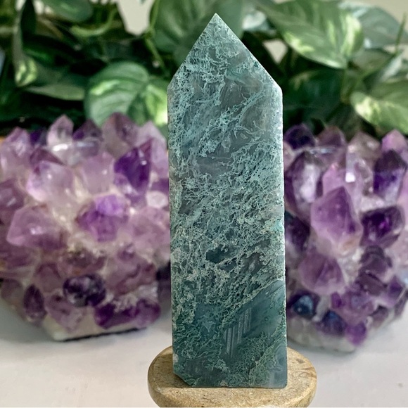 Moss Agate Crystal Tower Obelisk Energy Generator Chakra Healing Stone Wand 3.5" - Picture 4 of 14